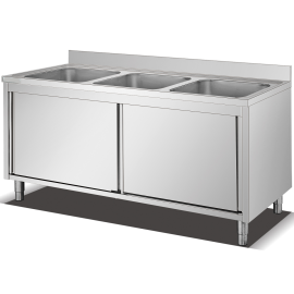Basen Gastronomiczny 3-Komorowy Zabudowany 150x60x85 Cm Z Drzwiami Przesuwnymi Inox