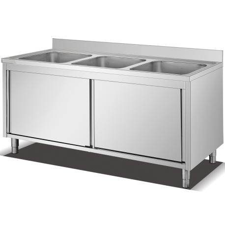 Basen Gastronomiczny 3-Komorowy Zabudowany 150x60 Cm Z Drzwiami Przesuwnymi Inox